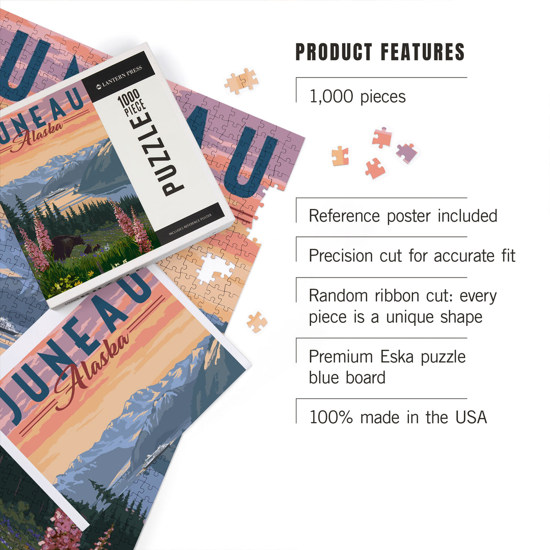 Juneau, Alaska, Painterly, Bear and Spring Flowers, Jigsaw Puzzle Puzzle Lantern Press 