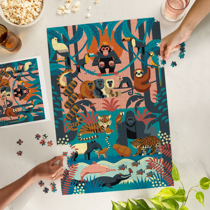 Jungle, Textured Geometric, Jigsaw Puzzle Puzzle Lantern Press 