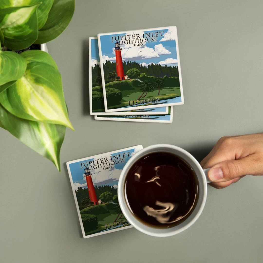 Jupiter, Florida, Jupiter Inlet Lighthouse, Lantern Press Artwork, Coaster Set - Lantern Press