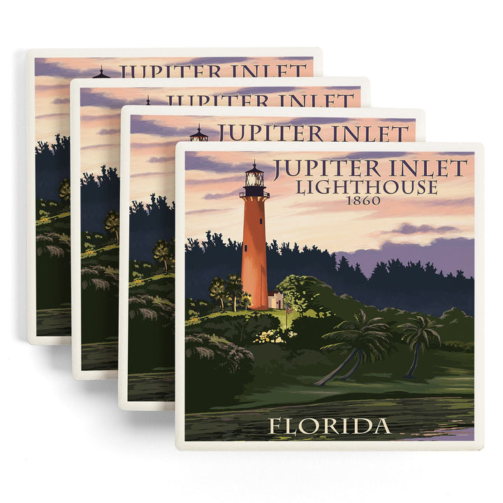 Jupiter, Florida, Jupiter Inlet Lighthouse, Lantern Press Artwork, Coaster Set - Lantern Press