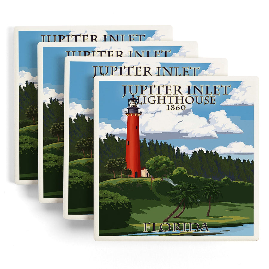 Jupiter, Florida, Jupiter Inlet Lighthouse, Lantern Press Artwork, Coaster Set - Lantern Press