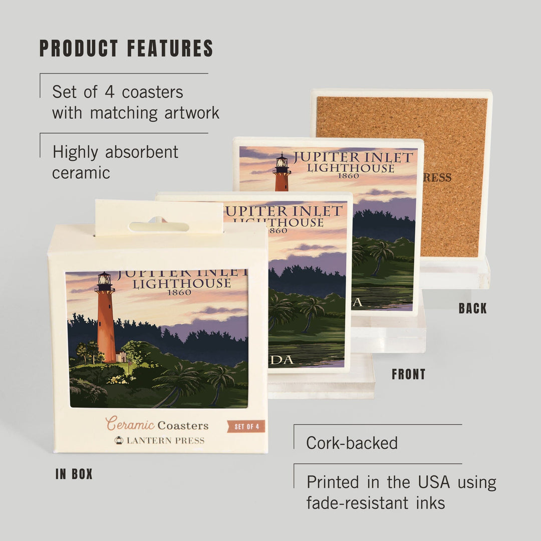 Jupiter, Florida, Jupiter Inlet Lighthouse, Sunset, Coasters Coasters Lantern Press 