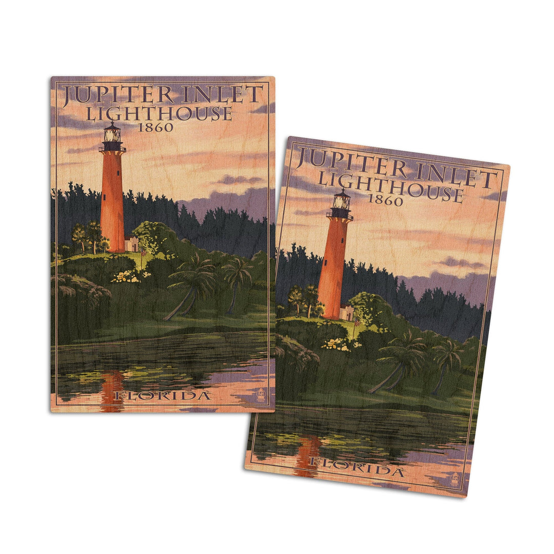 Jupiter, Florida, Jupiter Inlet Lighthouse, Sunset, Lantern Press Artwork, Wood Signs and Postcards Wood Lantern Press 4x6 Wood Postcard Set 