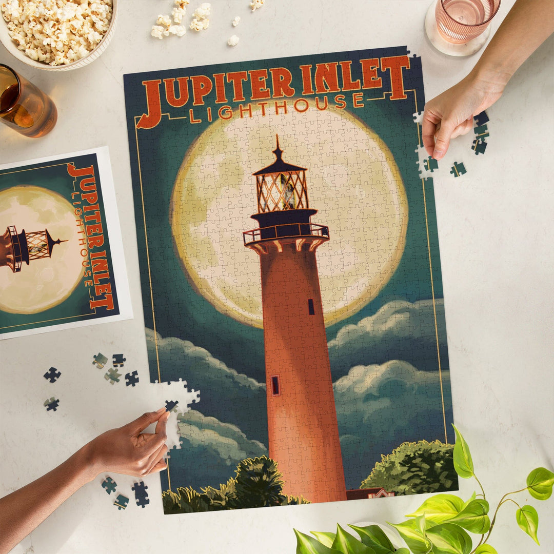 Jupiter, Florida, Jupiter Lighthouse and Moon, Jigsaw Puzzle Puzzle Lantern Press 