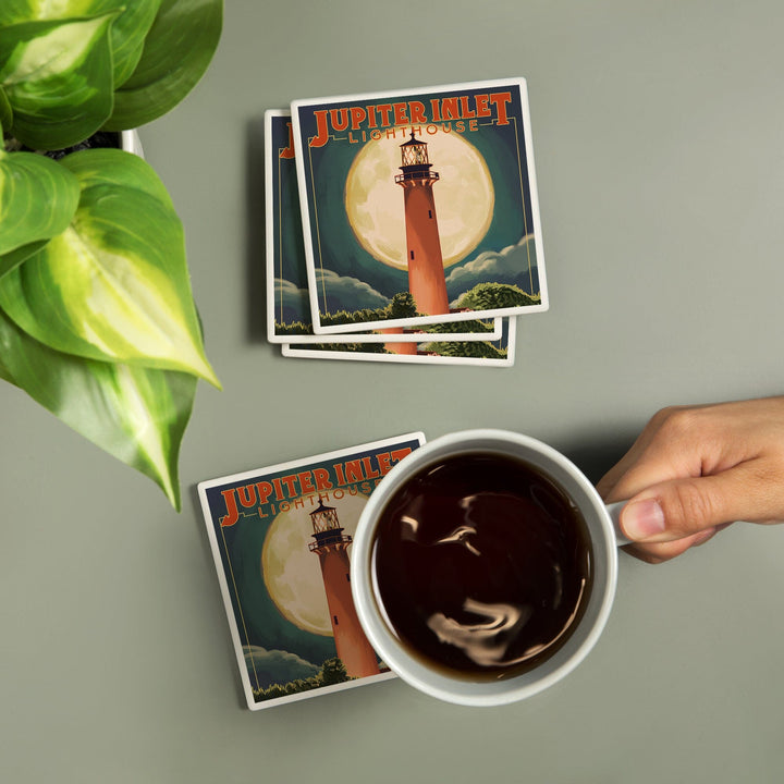 Jupiter, Florida, Jupiter Lighthouse and Moon, Lantern Press Artwork, Coaster Set - Lantern Press