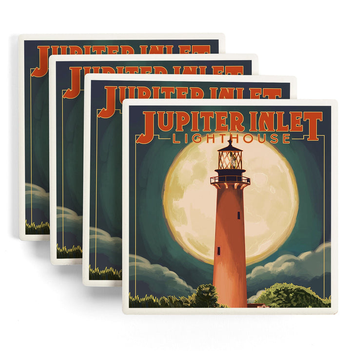 Jupiter, Florida, Jupiter Lighthouse and Moon, Lantern Press Artwork, Coaster Set - Lantern Press