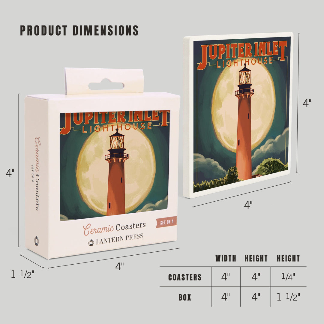 Jupiter, Florida, Jupiter Lighthouse and Moon, Lantern Press Artwork, Coaster Set - Lantern Press