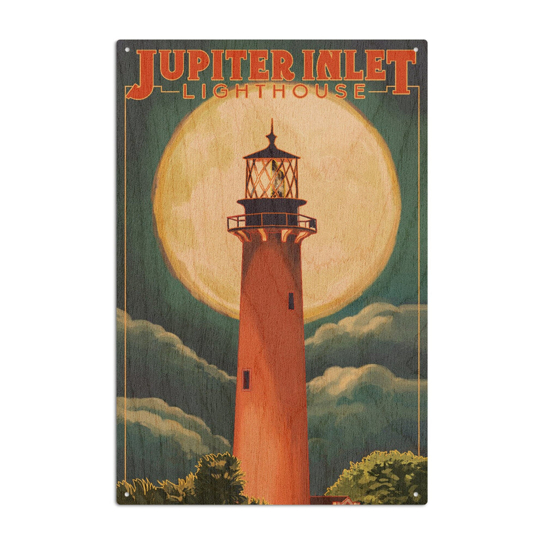 Jupiter, Florida, Jupiter Lighthouse and Moon, Lantern Press Artwork, Wood Signs and Postcards Wood Lantern Press 10 x 15 Wood Sign 