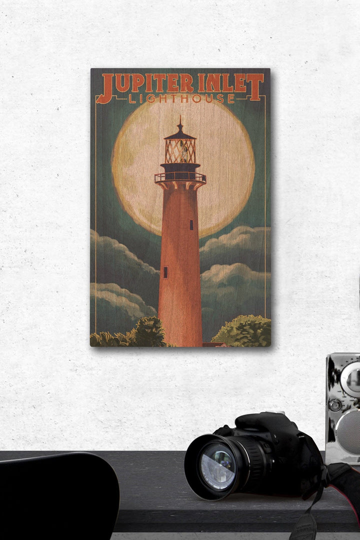 Jupiter, Florida, Jupiter Lighthouse and Moon, Lantern Press Artwork, Wood Signs and Postcards Wood Lantern Press 12 x 18 Wood Gallery Print 