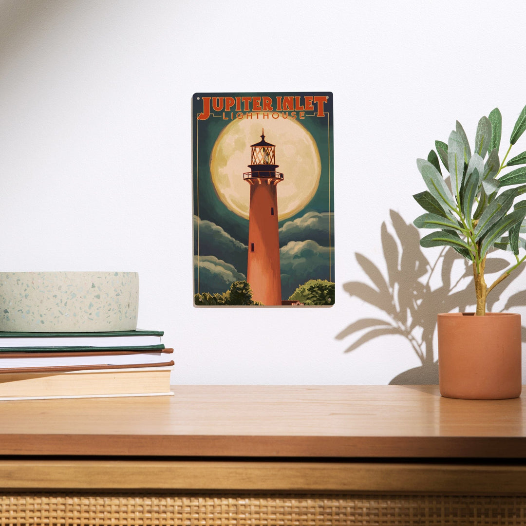 Jupiter, Florida, Jupiter Lighthouse and Moon, Lantern Press Artwork, Wood Signs and Postcards Wood Lantern Press 
