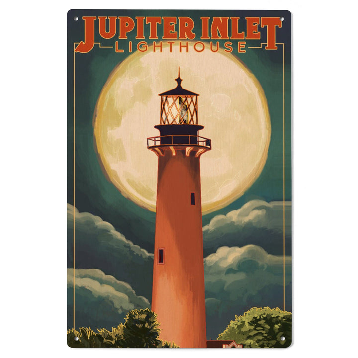 Jupiter, Florida, Jupiter Lighthouse and Moon, Lantern Press Artwork, Wood Signs and Postcards Wood Lantern Press 