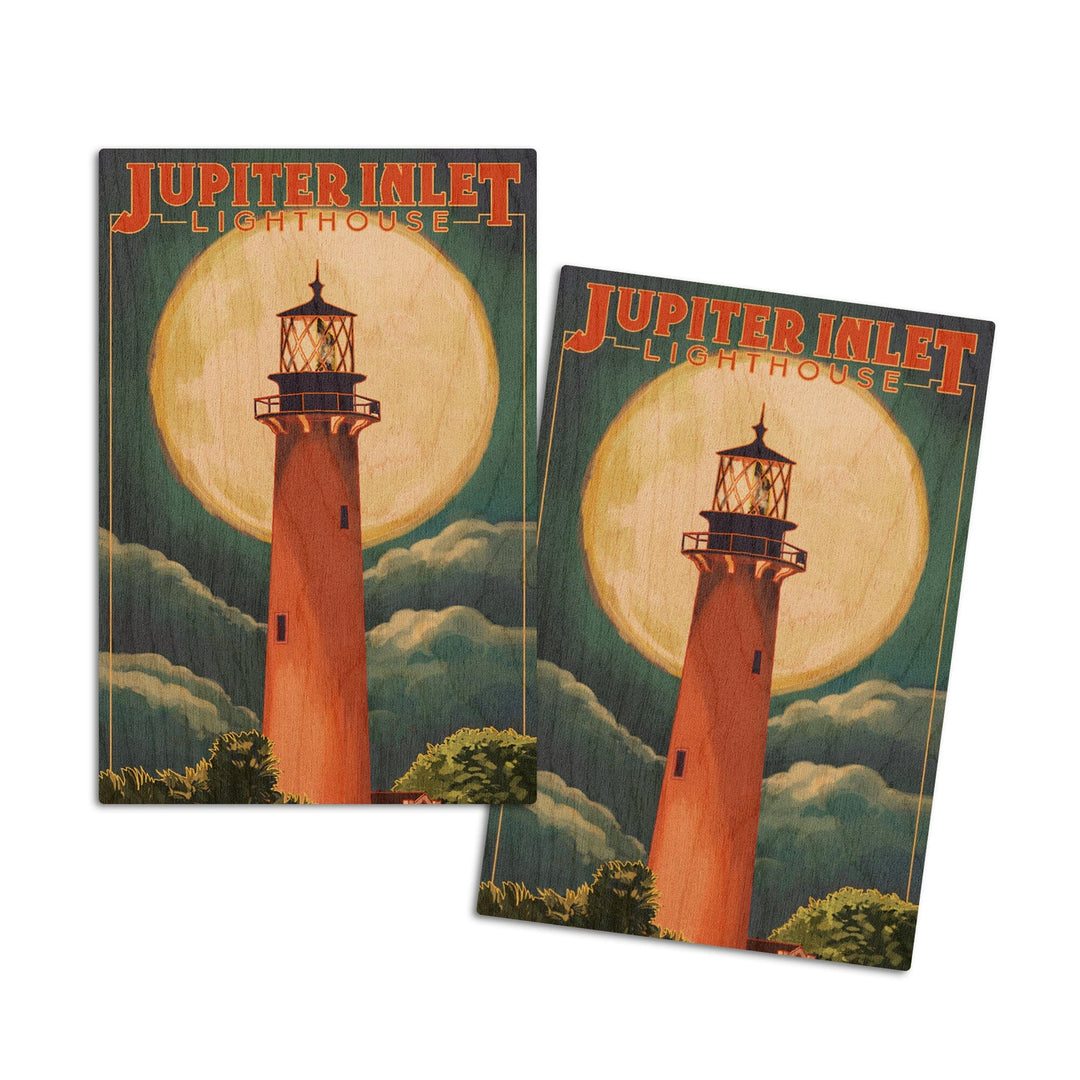 Jupiter, Florida, Jupiter Lighthouse and Moon, Lantern Press Artwork, Wood Signs and Postcards Wood Lantern Press 4x6 Wood Postcard Set 