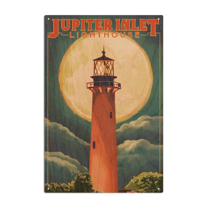 Jupiter, Florida, Jupiter Lighthouse and Moon, Lantern Press Artwork, Wood Signs and Postcards Wood Lantern Press 6x9 Wood Sign 