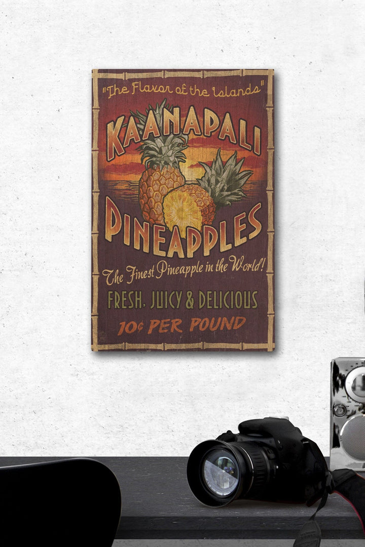 Kaanapali, Hawaii, Pineapple Vintage Sign, Lantern Press Artwork, Wood Signs and Postcards Wood Lantern Press 12 x 18 Wood Gallery Print 