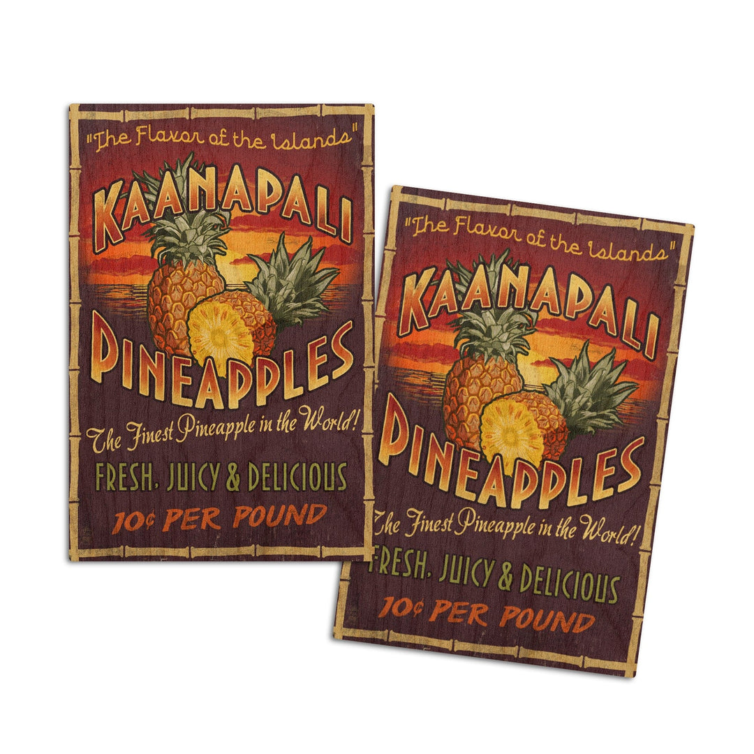 Kaanapali, Hawaii, Pineapple Vintage Sign, Lantern Press Artwork, Wood Signs and Postcards Wood Lantern Press 4x6 Wood Postcard Set 