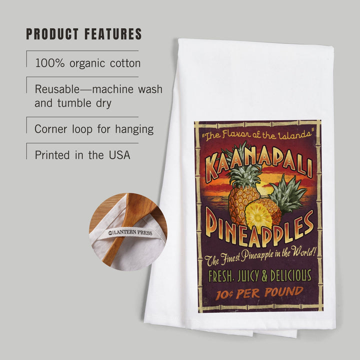 Kaanapali, Hawaii, Pineapple Vintage Sign, Organic Cotton Kitchen Tea Towels Kitchen Lantern Press 