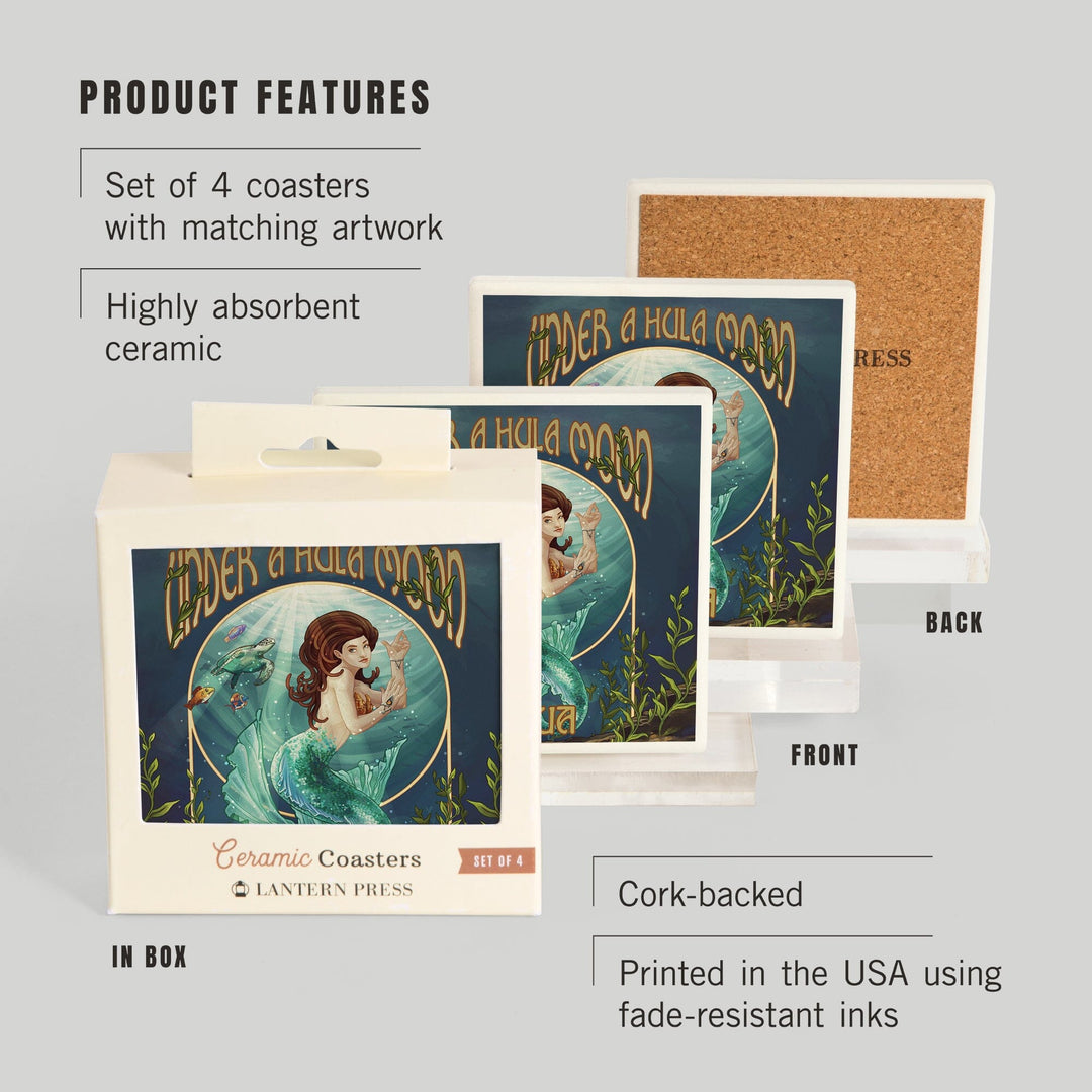 Kailua, Hawaii, Under a Hula Moon, Mermaid, Lantern Press Artwork, Coaster Set - Lantern Press