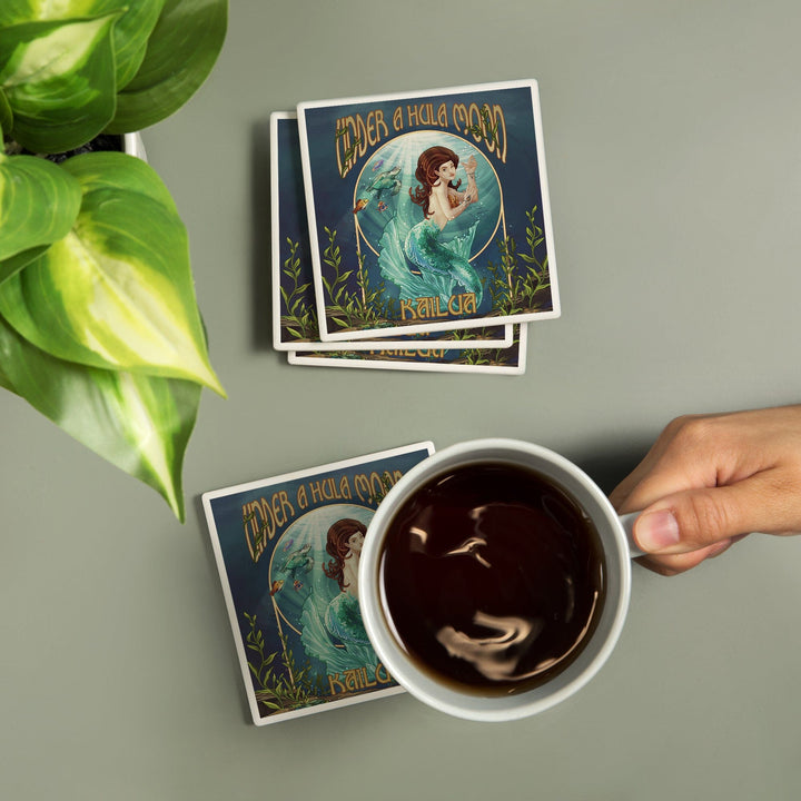 Kailua, Hawaii, Under a Hula Moon, Mermaid, Lantern Press Artwork, Coaster Set - Lantern Press