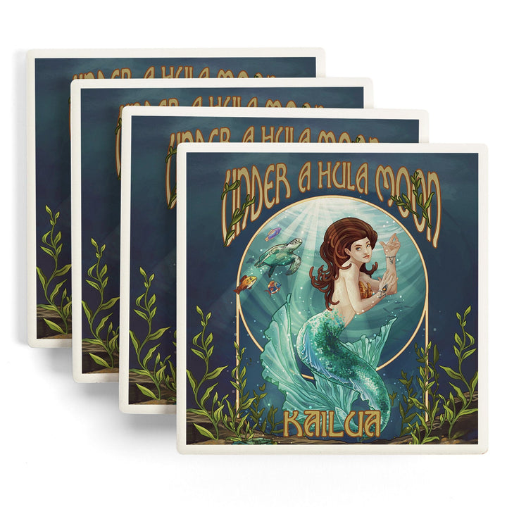 Kailua, Hawaii, Under a Hula Moon, Mermaid, Lantern Press Artwork, Coaster Set - Lantern Press