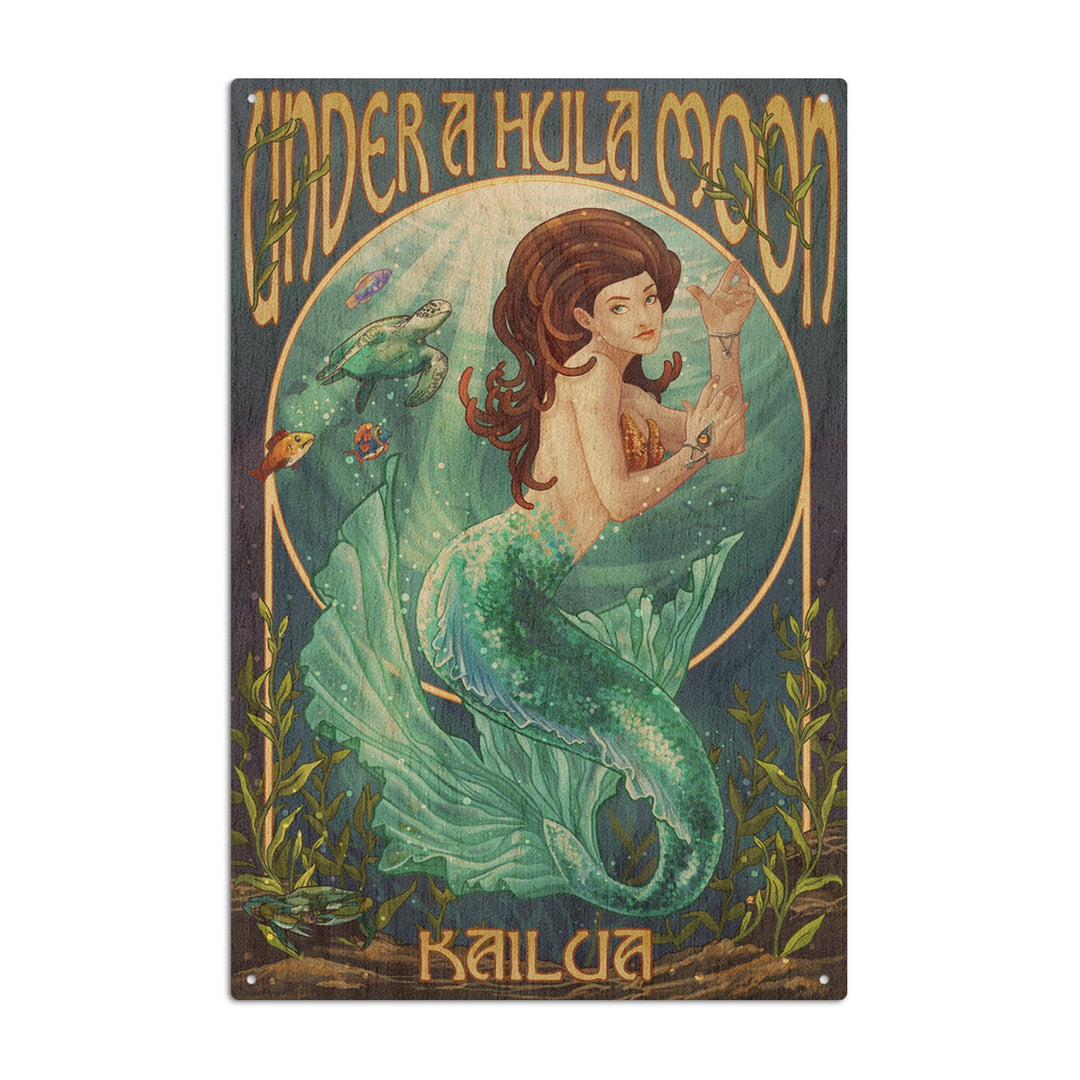 Kailua, Hawaii, Under a Hula Moon, Mermaid, Lantern Press Artwork, Wood Signs and Postcards Wood Lantern Press 6x9 Wood Sign 