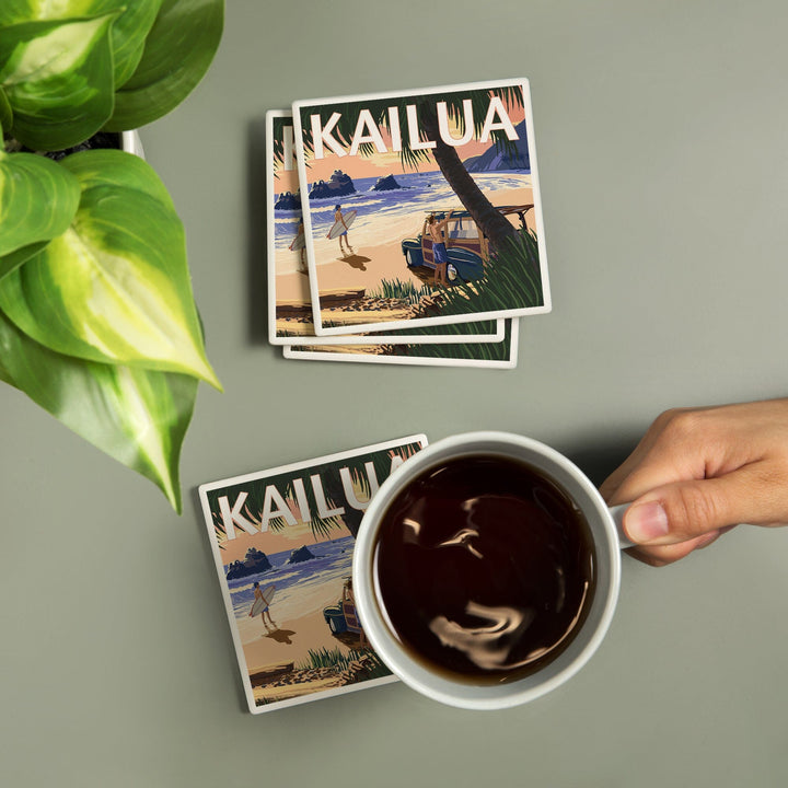 Kailua, Hawaii, Woody on Beach, Lantern Press Artwork, Coaster Set - Lantern Press