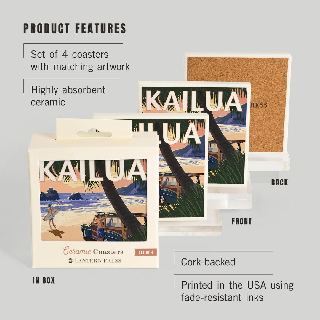 Kailua, Hawaii, Woody on Beach, Lantern Press Artwork, Coaster Set - Lantern Press