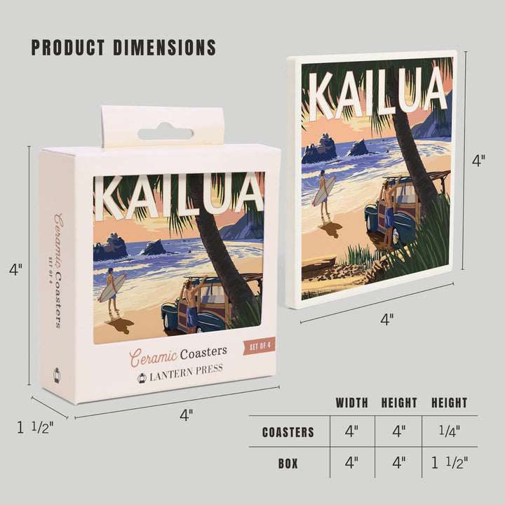 Kailua, Hawaii, Woody on Beach, Lantern Press Artwork, Coaster Set - Lantern Press