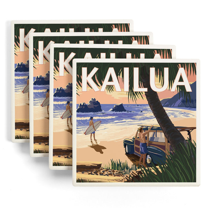 Kailua, Hawaii, Woody on Beach, Lantern Press Artwork, Coaster Set - Lantern Press