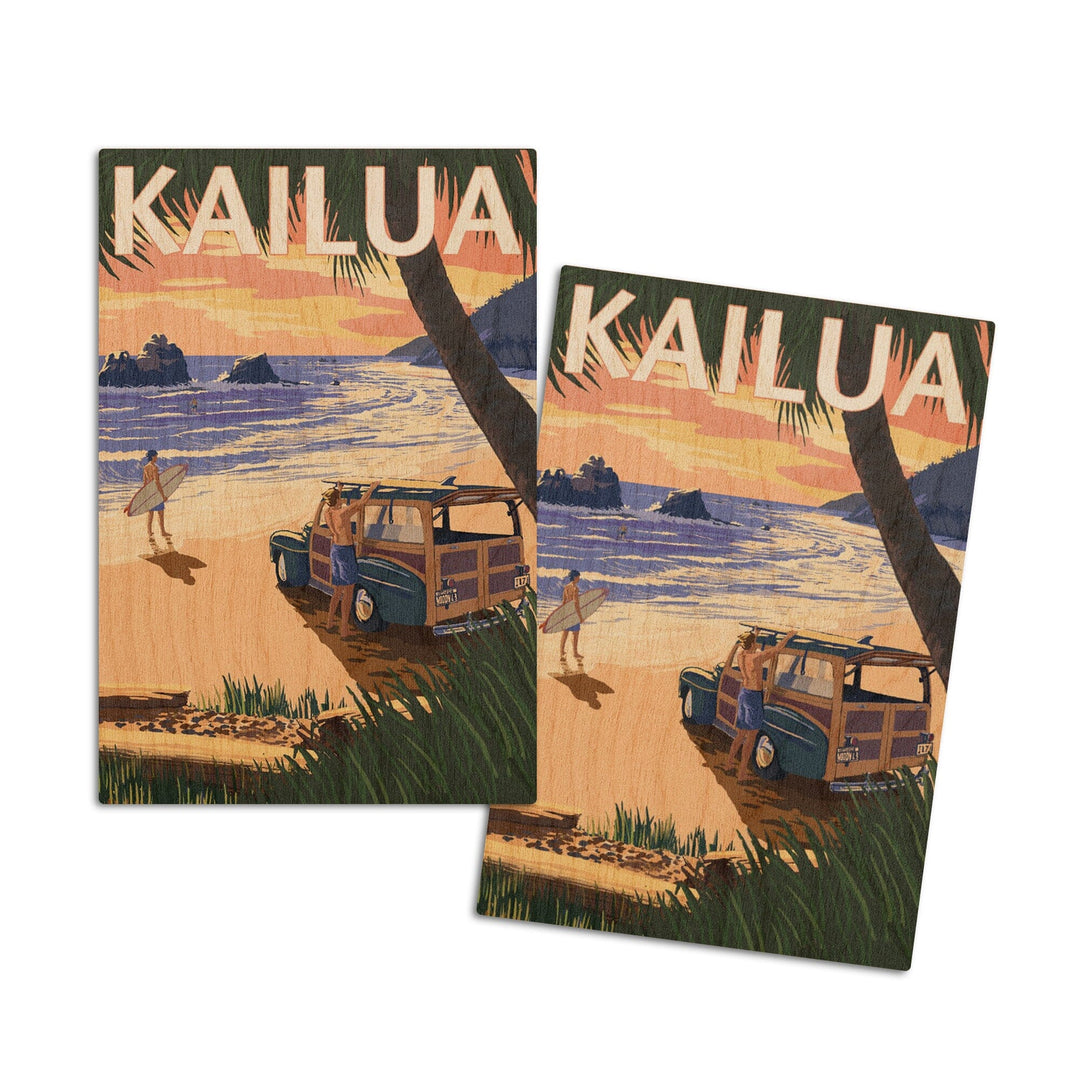 Kailua, Hawaii, Woody on Beach, Lantern Press Artwork, Wood Signs and Postcards Wood Lantern Press 4x6 Wood Postcard Set 