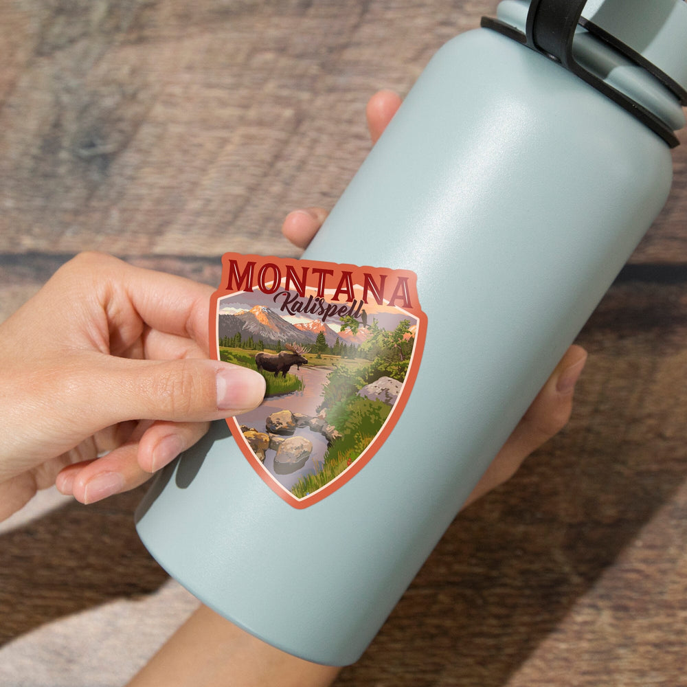 Kalispell, Montana, Moose & Mountain at Sunset, Contour, Lantern Press Artwork, Vinyl Sticker Sticker Lantern Press 