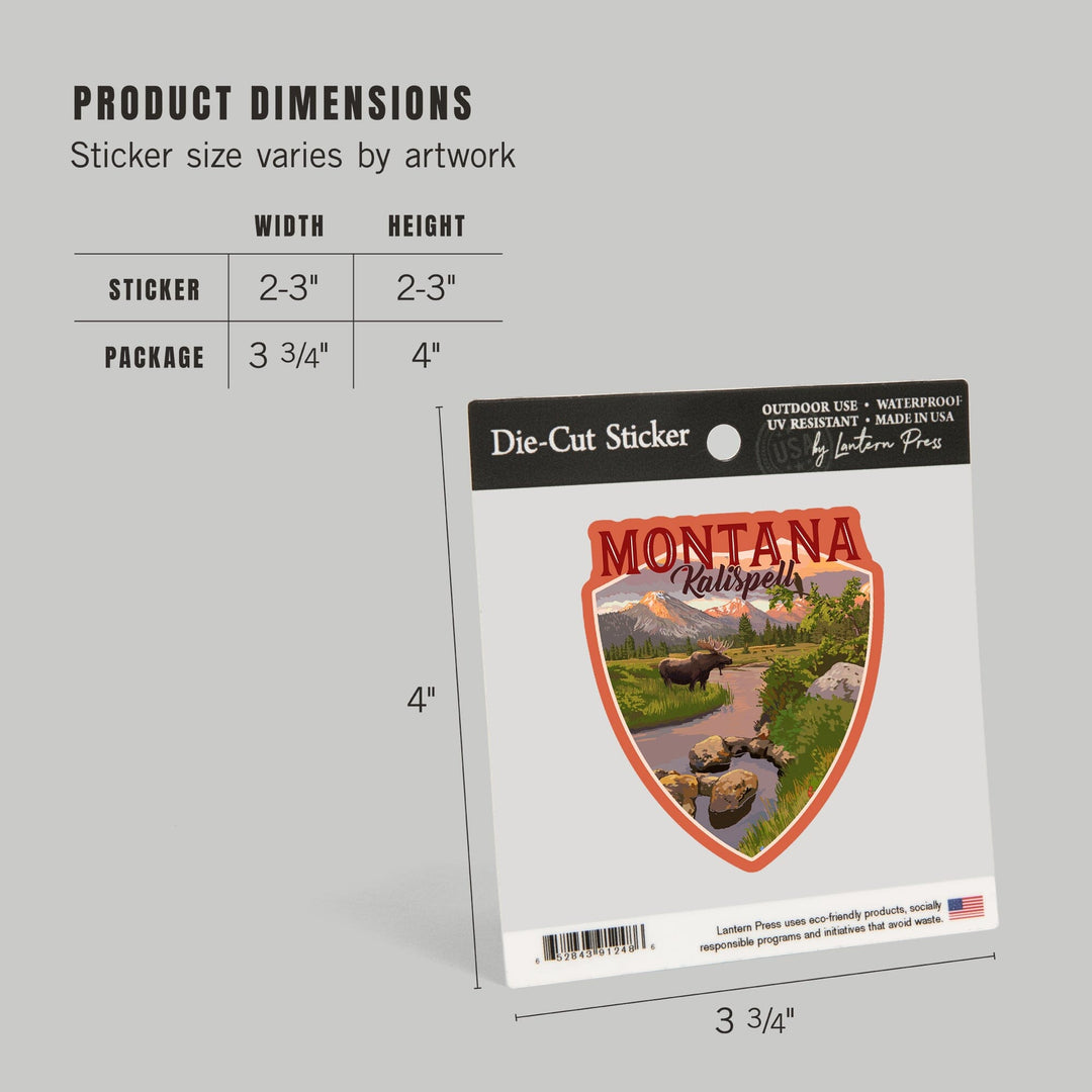 Kalispell, Montana, Moose & Mountain at Sunset, Contour, Lantern Press Artwork, Vinyl Sticker Sticker Lantern Press 