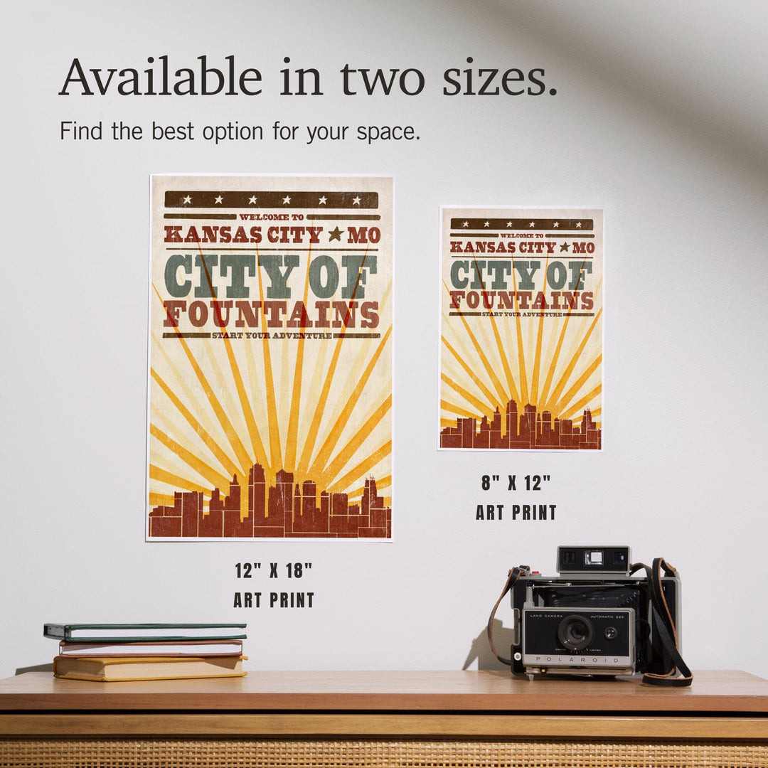Kansas City, Missouri, Skyline and Sunburst Screenprint Style, Art & Giclee Prints Art Lantern Press 