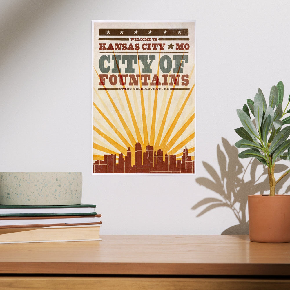 Kansas City, Missouri, Skyline and Sunburst Screenprint Style, Art & Giclee Prints Art Lantern Press 