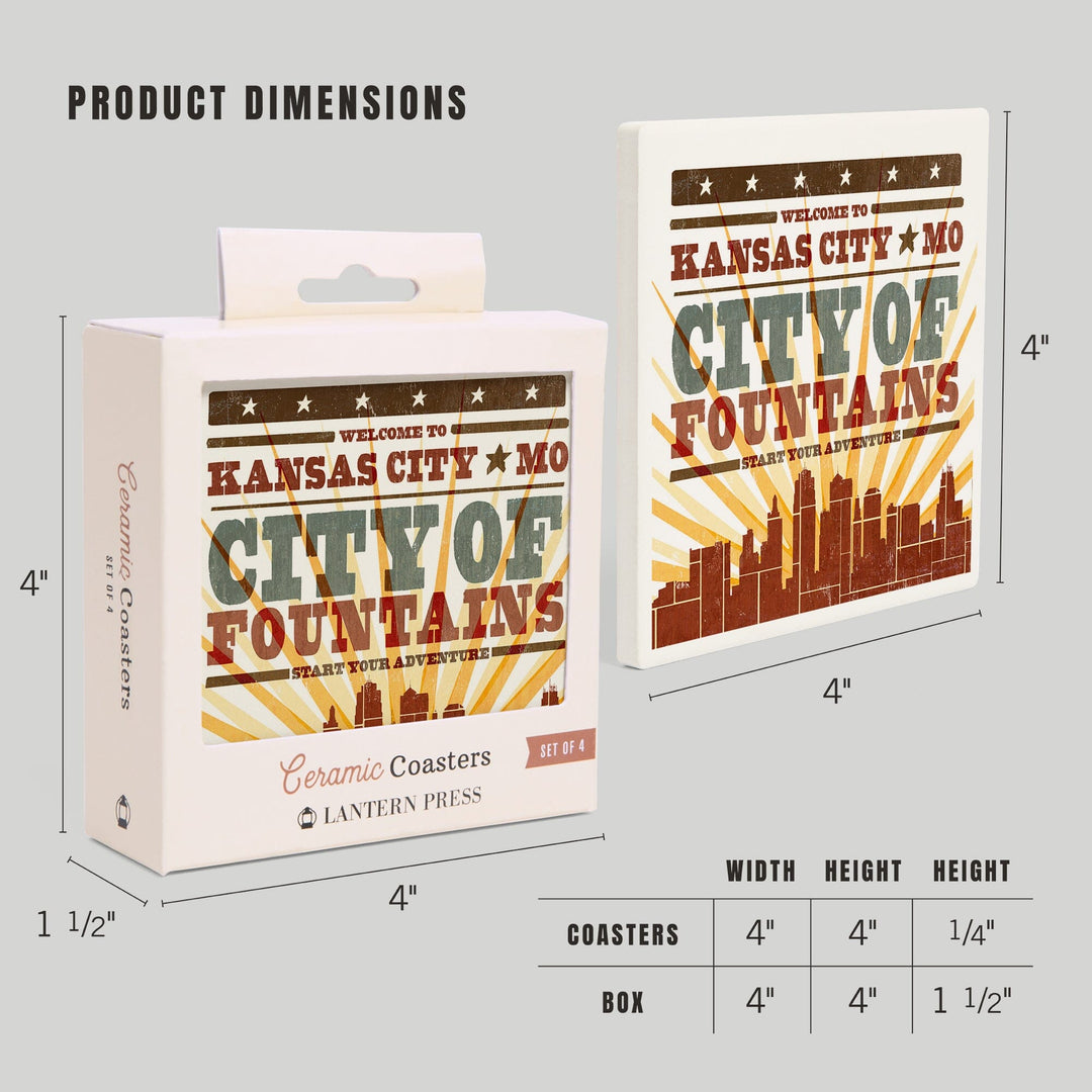 Kansas City, Missouri, Skyline & Sunburst Screenprint Style, Lantern Press Artwork, Coaster Set - Lantern Press