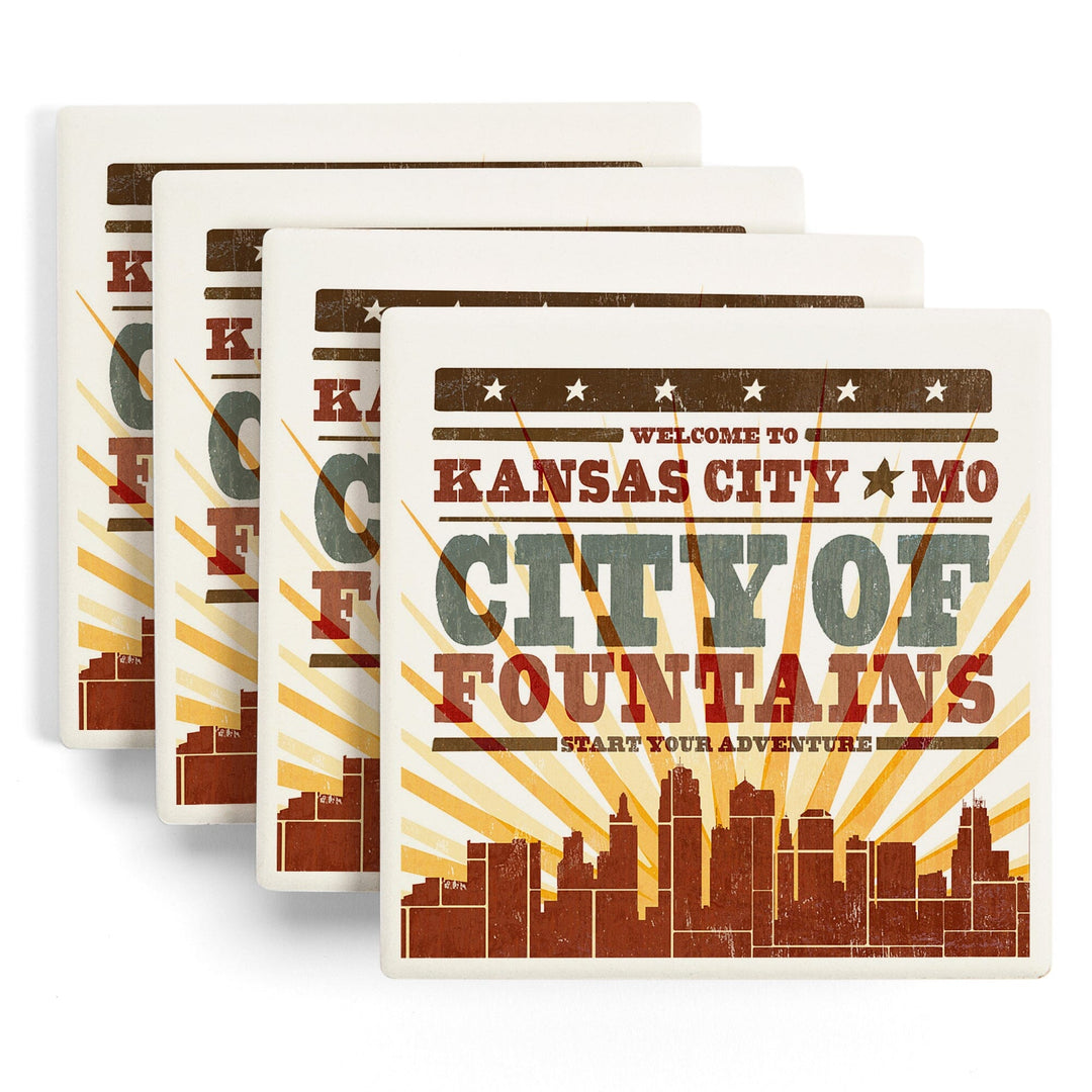 Kansas City, Missouri, Skyline & Sunburst Screenprint Style, Lantern Press Artwork, Coaster Set - Lantern Press