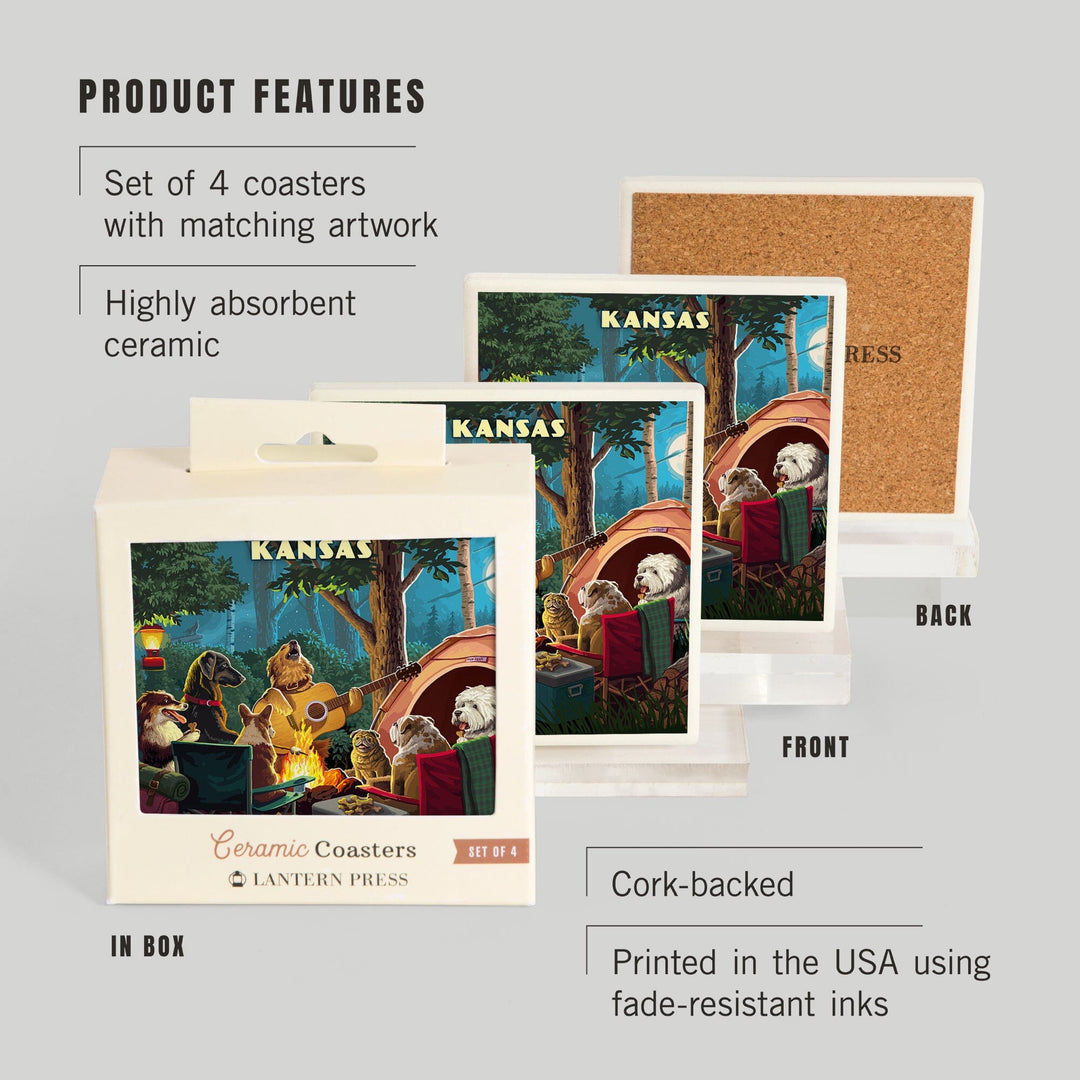 Kansas, Painterly, Pack Life, Dogs Around Campfire, Coasters Coasters Lantern Press 