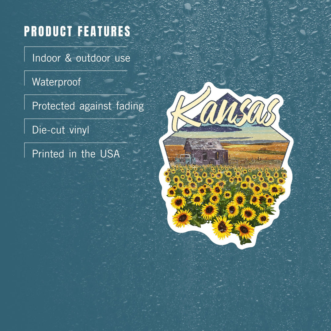 Kansas, Shack & Sunflowers with Wheat Field, Contour, Lantern Press Artwork, Vinyl Sticker - Lantern Press