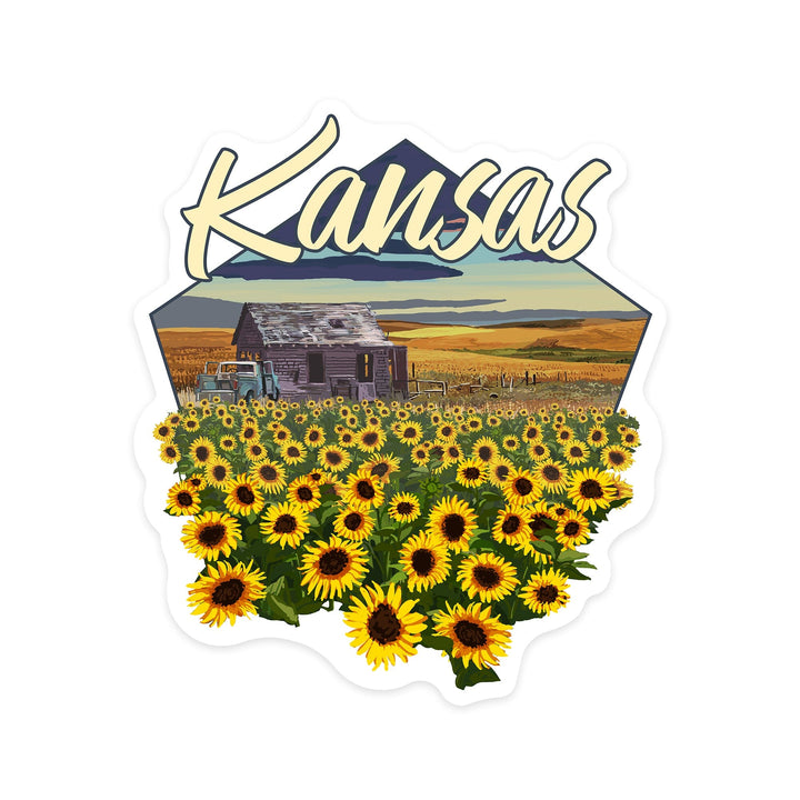 Kansas, Shack & Sunflowers with Wheat Field, Contour, Lantern Press Artwork, Vinyl Sticker - Lantern Press