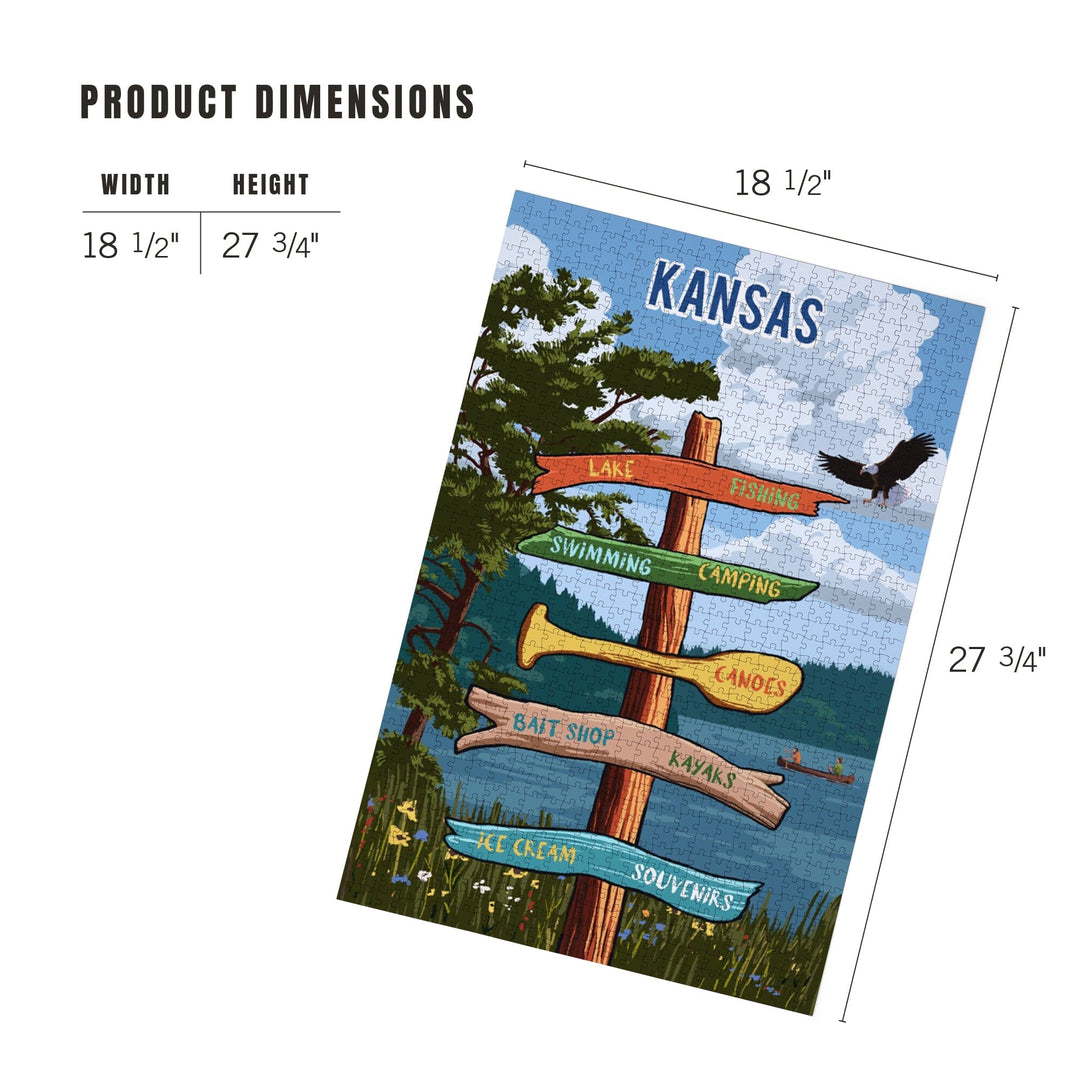 Kansas, Signpost, Lake and Eagle, Jigsaw Puzzle Puzzle Lantern Press 