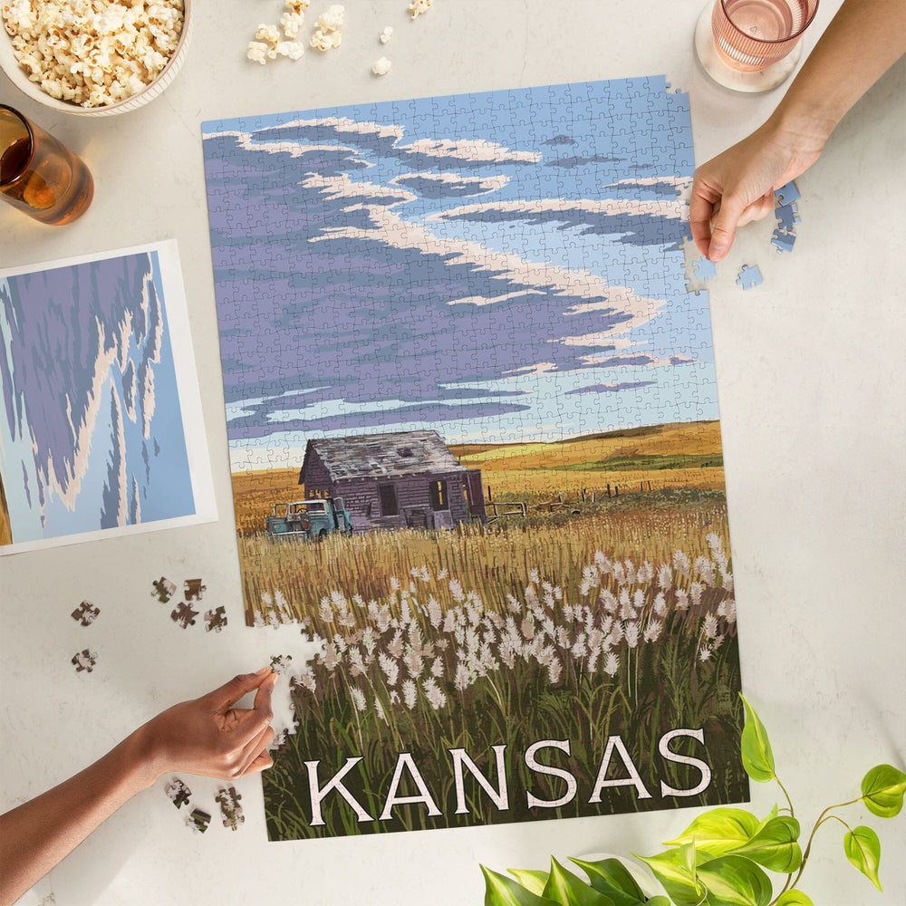 Kansas, Wheat Fields and Homestead, Jigsaw Puzzle Puzzle Lantern Press 