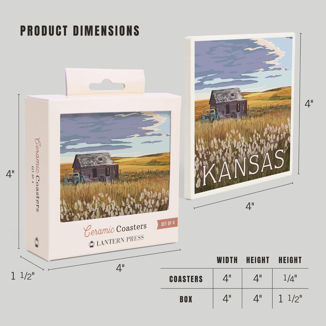 Kansas, Wheat Fields & Homestead, Lantern Press Artwork, Coaster Set - Lantern Press