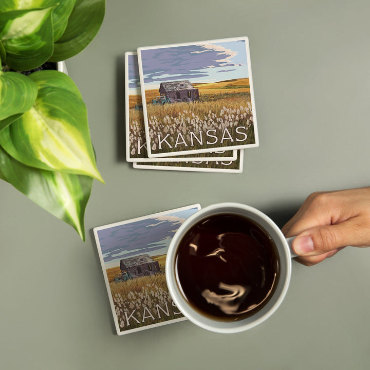 Kansas, Wheat Fields & Homestead, Lantern Press Artwork, Coaster Set - Lantern Press