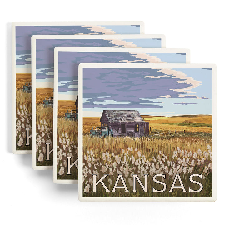 Kansas, Wheat Fields & Homestead, Lantern Press Artwork, Coaster Set - Lantern Press