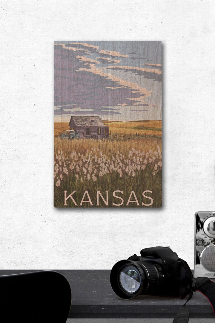 Kansas, Wheat Fields & Homestead, Lantern Press Artwork, Wood Signs and Postcards Wood Lantern Press 12 x 18 Wood Gallery Print 