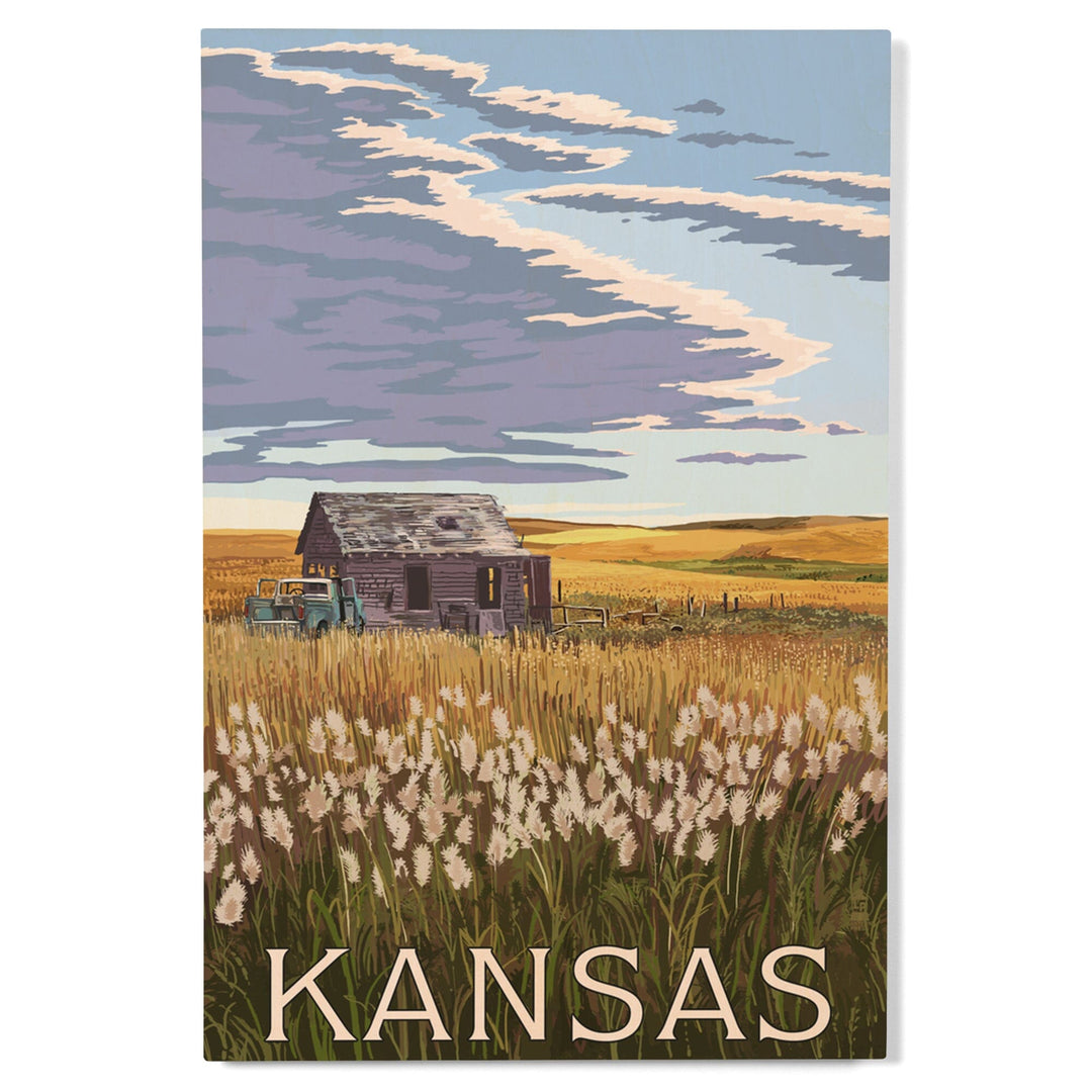 Kansas, Wheat Fields & Homestead, Lantern Press Artwork, Wood Signs and Postcards Wood Lantern Press 