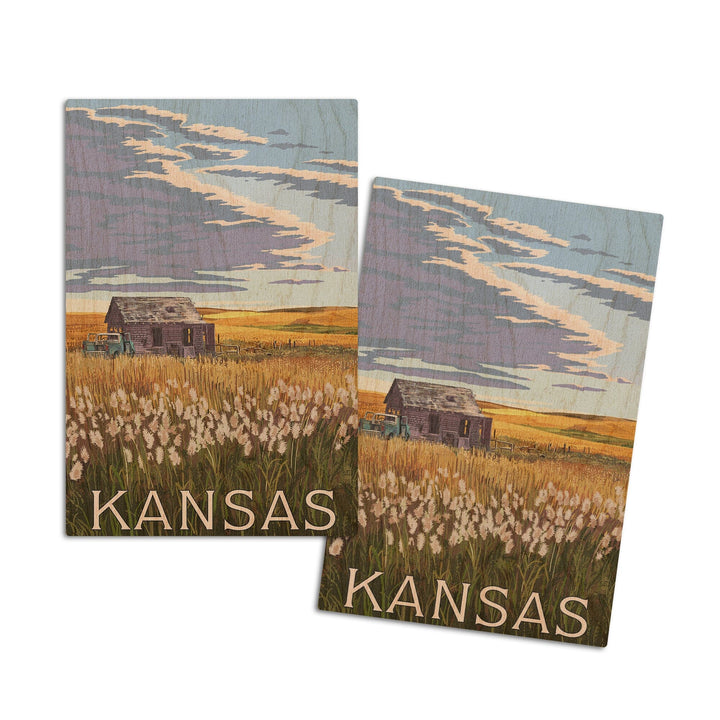 Kansas, Wheat Fields & Homestead, Lantern Press Artwork, Wood Signs and Postcards Wood Lantern Press 4x6 Wood Postcard Set 