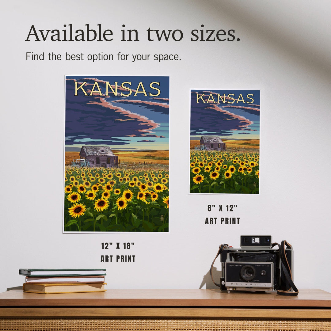 Kansas, Wheat Fields, Shack and Sunflowers, Art & Giclee Prints Art Lantern Press 