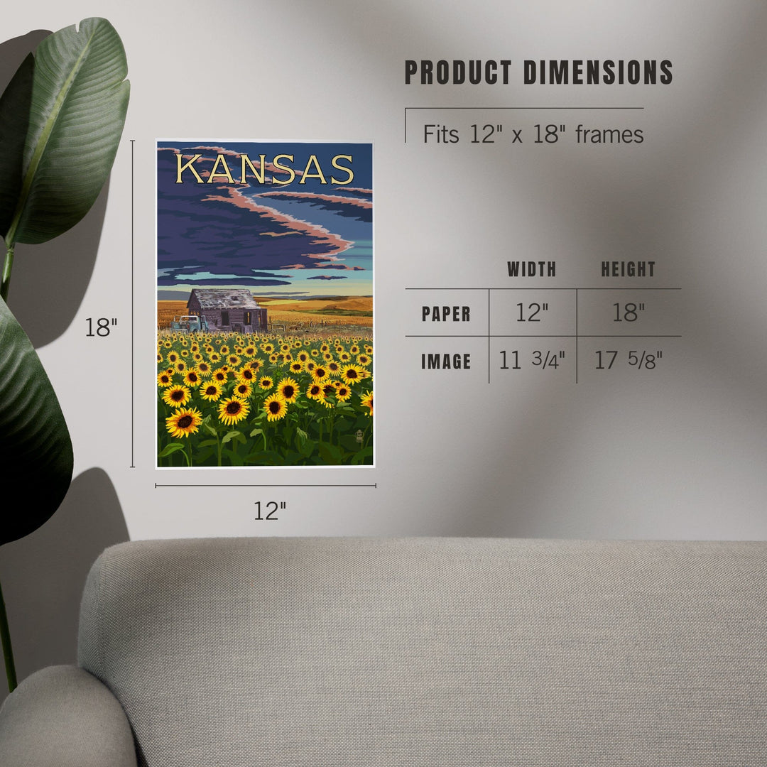 Kansas, Wheat Fields, Shack and Sunflowers, Art & Giclee Prints Art Lantern Press 