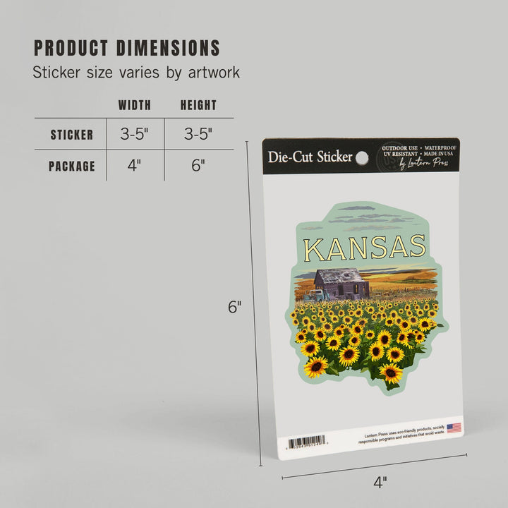 Kansas, Wheat Fields, Shack and Sunflowers, Badge, Contour, Vinyl Sticker - Lantern Press