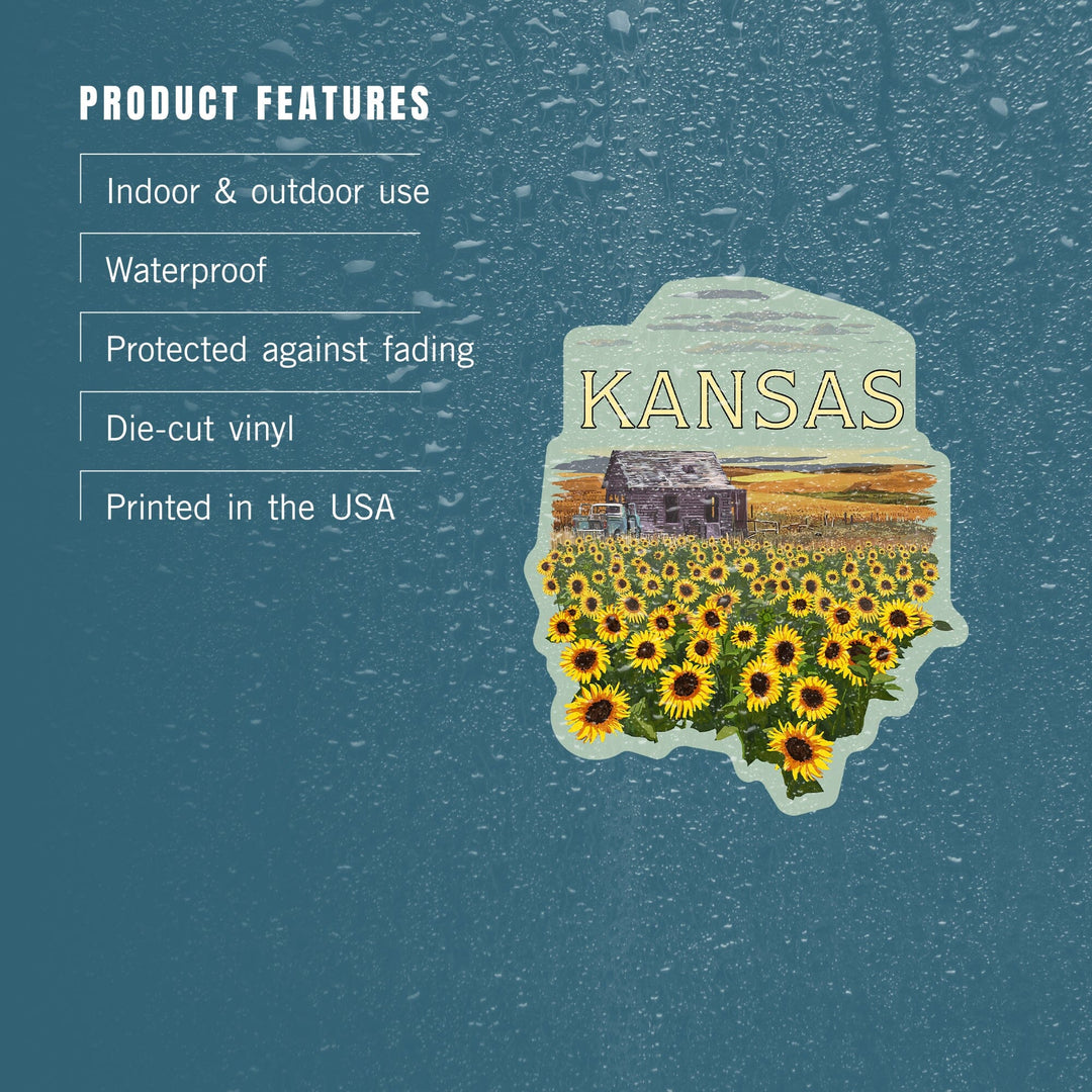 Kansas, Wheat Fields, Shack and Sunflowers, Badge, Contour, Vinyl Sticker - Lantern Press